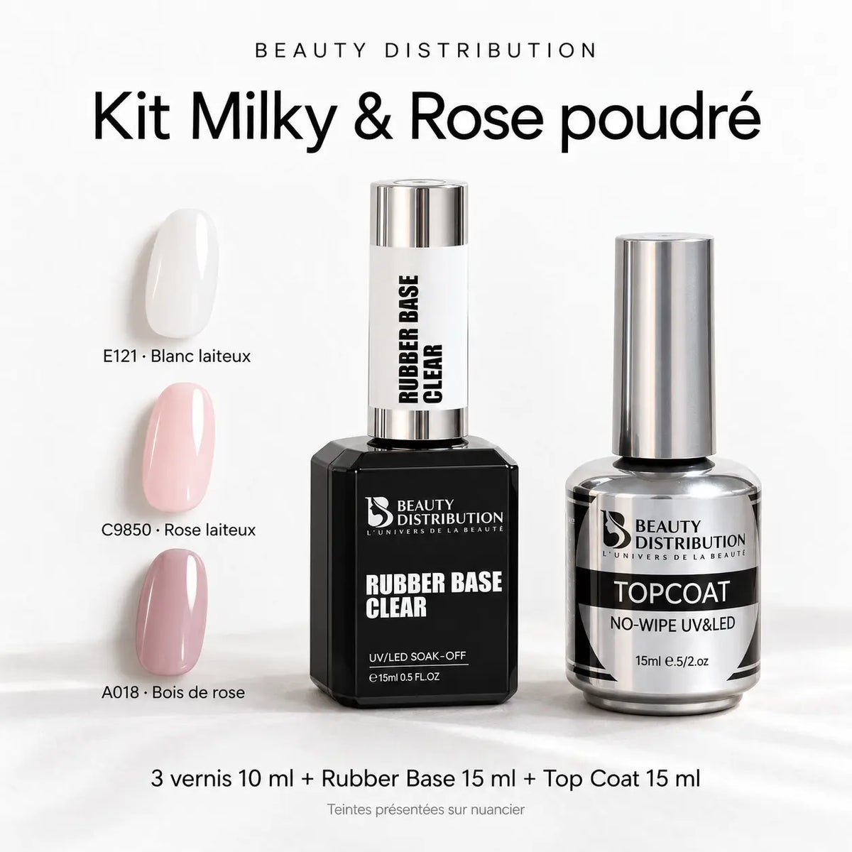 Kit Milky et Rose poudré Beauty Distribution : trois teintes de vernis E121, C9850 et A018, Rubber Base Clear et Top Coat No-Wipe.