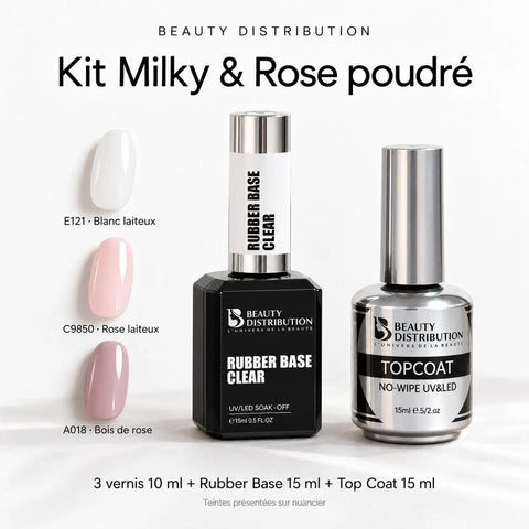 Kit Milky et Rose poudré Beauty Distribution : trois teintes de vernis E121, C9850 et A018, Rubber Base Clear et Top Coat No-Wipe.