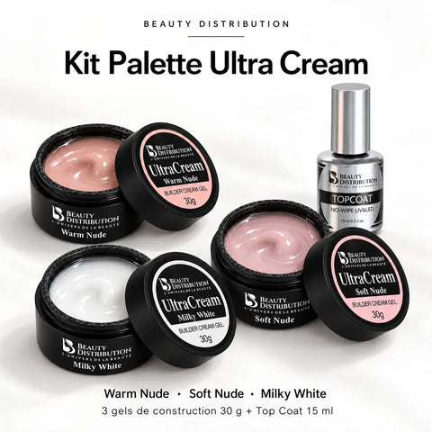 Kit Palette Ultra Cream Beauty Distribution : gels Warm Nude, Soft Nude et Milky White de 30 g avec Top Coat No-Wipe de 15 ml.