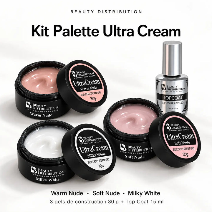 Kit Palette Ultra Cream Beauty Distribution : gels Warm Nude, Soft Nude et Milky White de 30 g avec Top Coat No-Wipe de 15 ml.