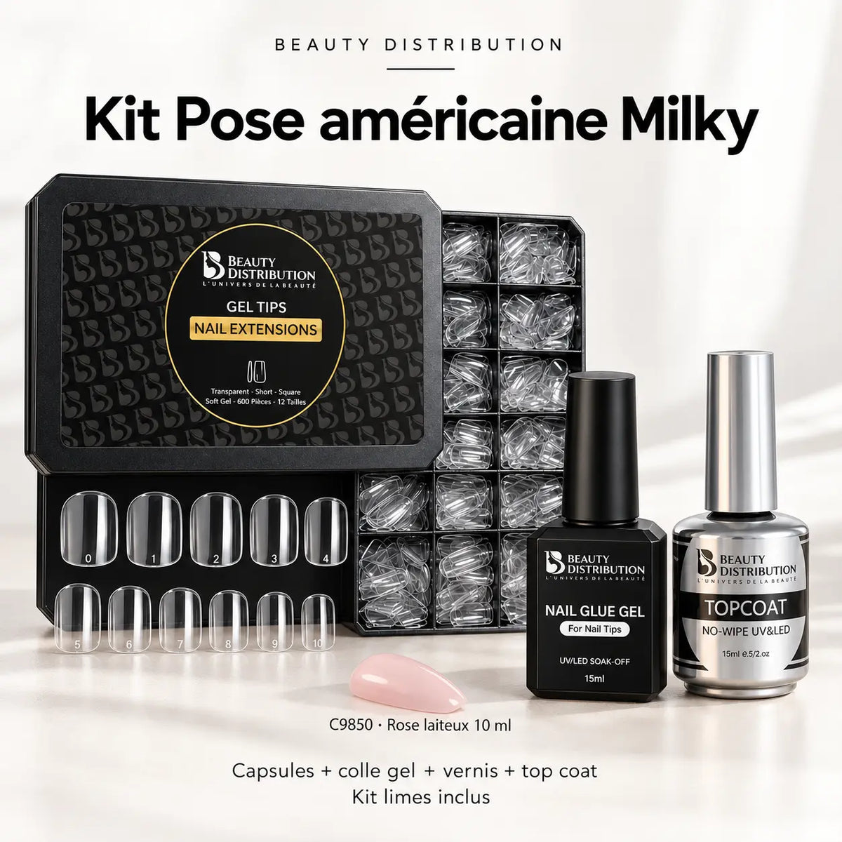 Kit Pose américaine Milky Beauty Distribution : capsules Soft Gel, Nail Glue Gel, vernis rose laiteux C9850, top coat et kit limes inclus.