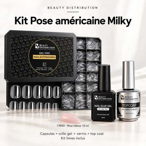 Kit Pose américaine Milky Beauty Distribution : capsules Soft Gel, Nail Glue Gel, vernis rose laiteux C9850, top coat et kit limes inclus.