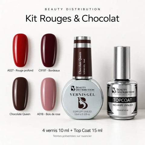 Kit Rouges et Chocolat Beauty Distribution : teintes A027, C9197, Chocolate Queen et A018 avec Top Coat No-Wipe.