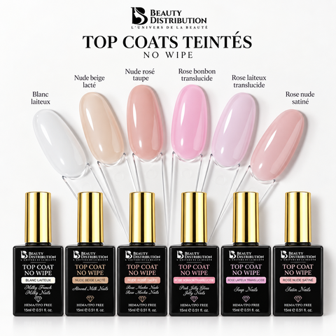 Nuancier des six top coats teintés no wipe Beauty Distribution avec leurs flacons : blanc laiteux, nude beige lacté, nude rosé taupe, rose bonbon translucide, rose laiteux translucide et rose nude satiné.