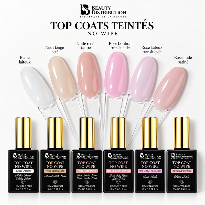 Nuancier des six top coats teintés no wipe Beauty Distribution avec leurs flacons : blanc laiteux, nude beige lacté, nude rosé taupe, rose bonbon translucide, rose laiteux translucide et rose nude satiné.