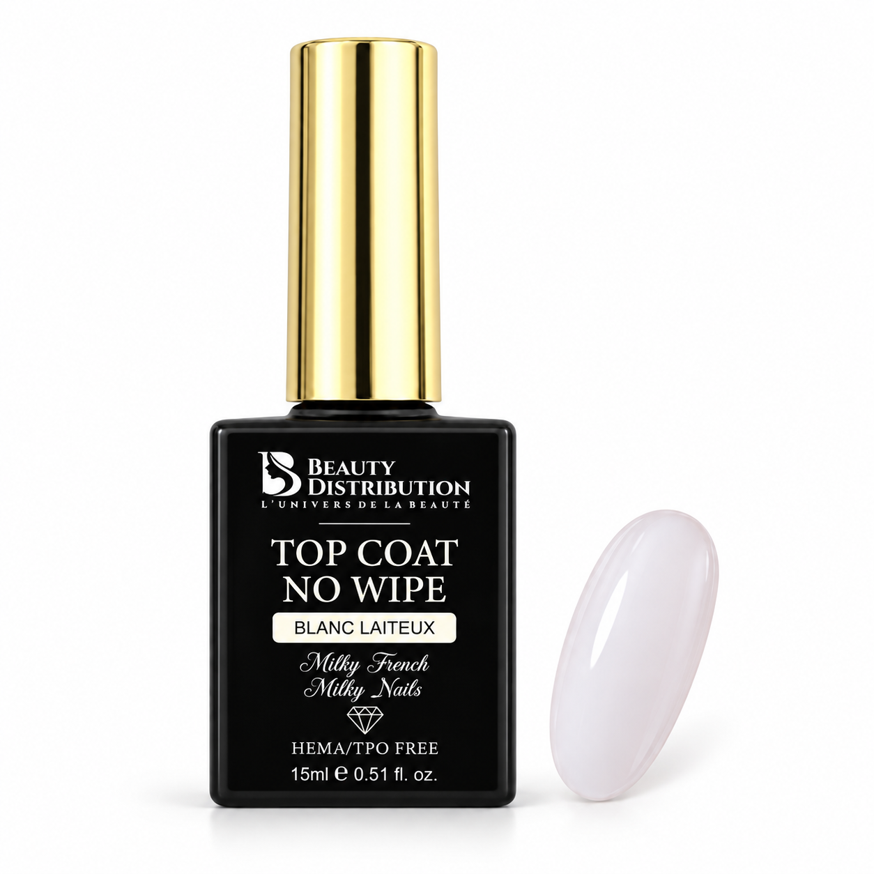 Milky French GH0092V : top coat blanc laiteux Beauty Distribution 15 ml, flacon et capsule de couleur.