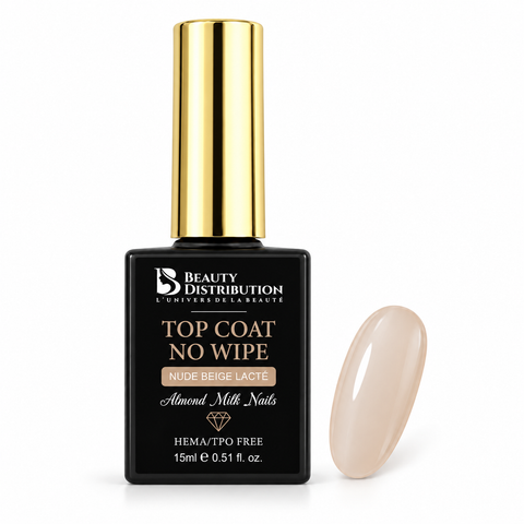Almond Milk Nude SWI0011V : top coat nude beige lacté, beige amande clair Beauty Distribution 15 ml, flacon et capsule de couleur.