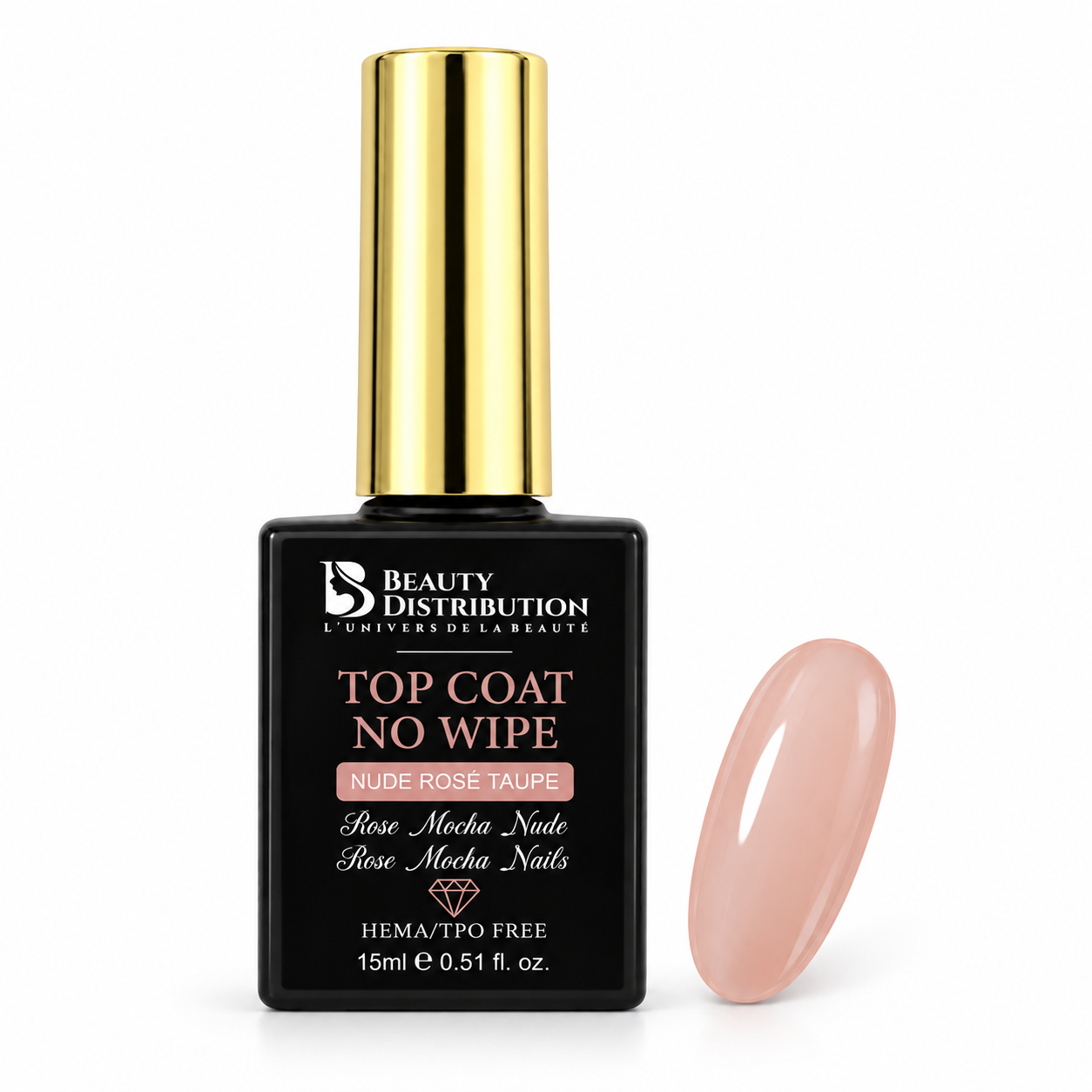 Rose Mocha Nude SL0472V : top coat nude rosé taupe Beauty Distribution 15 ml, flacon et capsule de couleur.