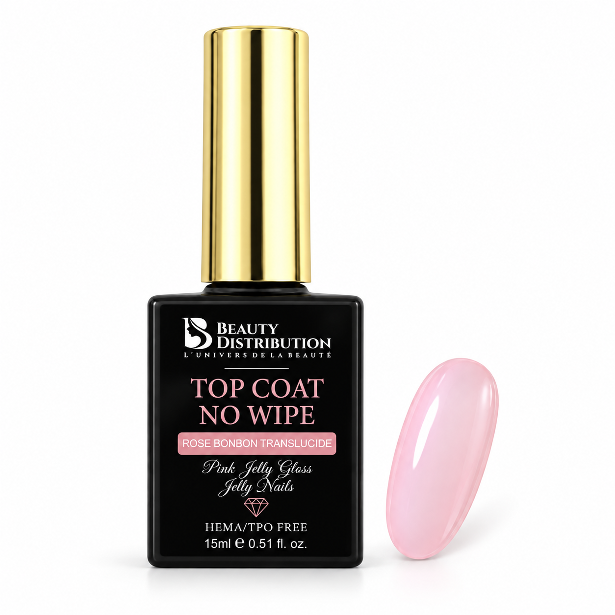 Pink Jelly Gloss SWI0017V : top coat rose bonbon translucide Beauty Distribution 15 ml, flacon et capsule de couleur.