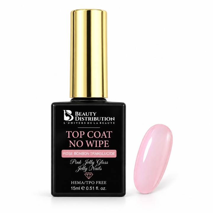 Pink Jelly Gloss SWI0017V : top coat rose bonbon translucide Beauty Distribution 15 ml, flacon et capsule de couleur.