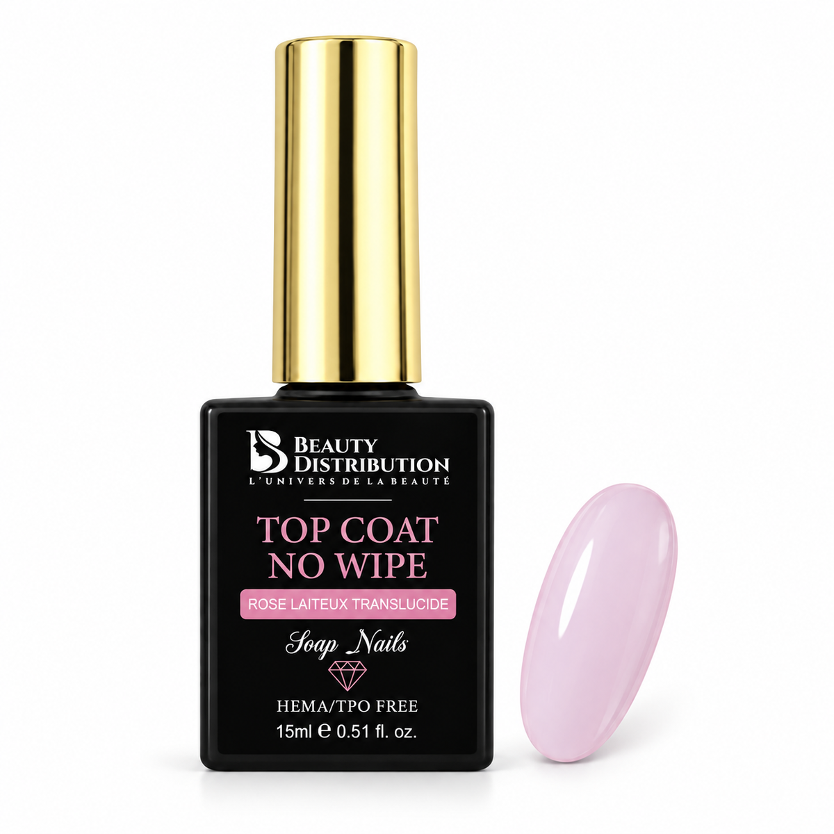Soap Pink FD0006V : top coat rose laiteux translucide Beauty Distribution 15 ml, flacon et capsule de couleur.
