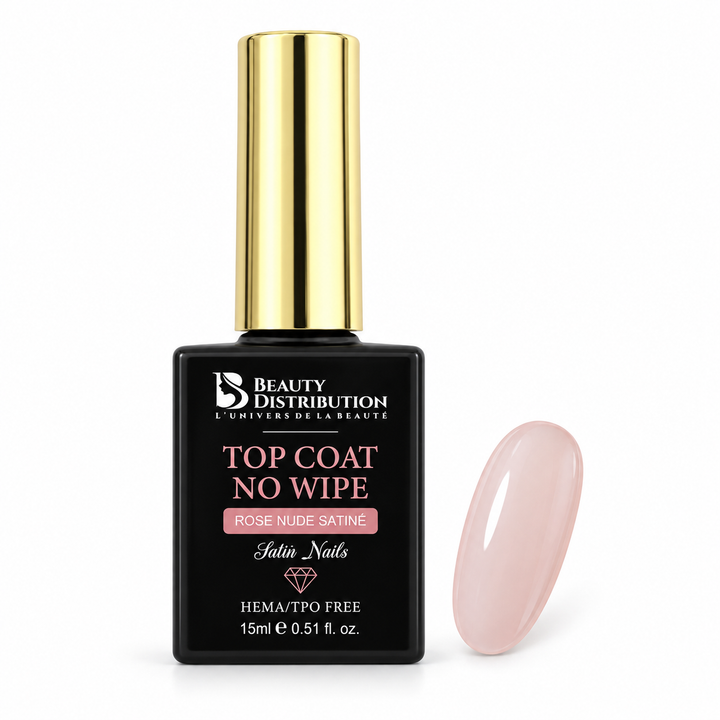 Satin Blush SWI0014V : top coat rose nude satiné Beauty Distribution 15 ml, flacon et capsule de couleur.