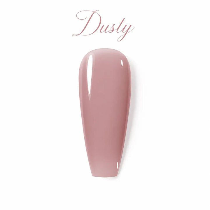 Vernis gel Dusty Beauty Distribution, teinte nude rose poudré effet glossy, capsule couleur sur fond blanc pour manucure professionnelle UV/LED.