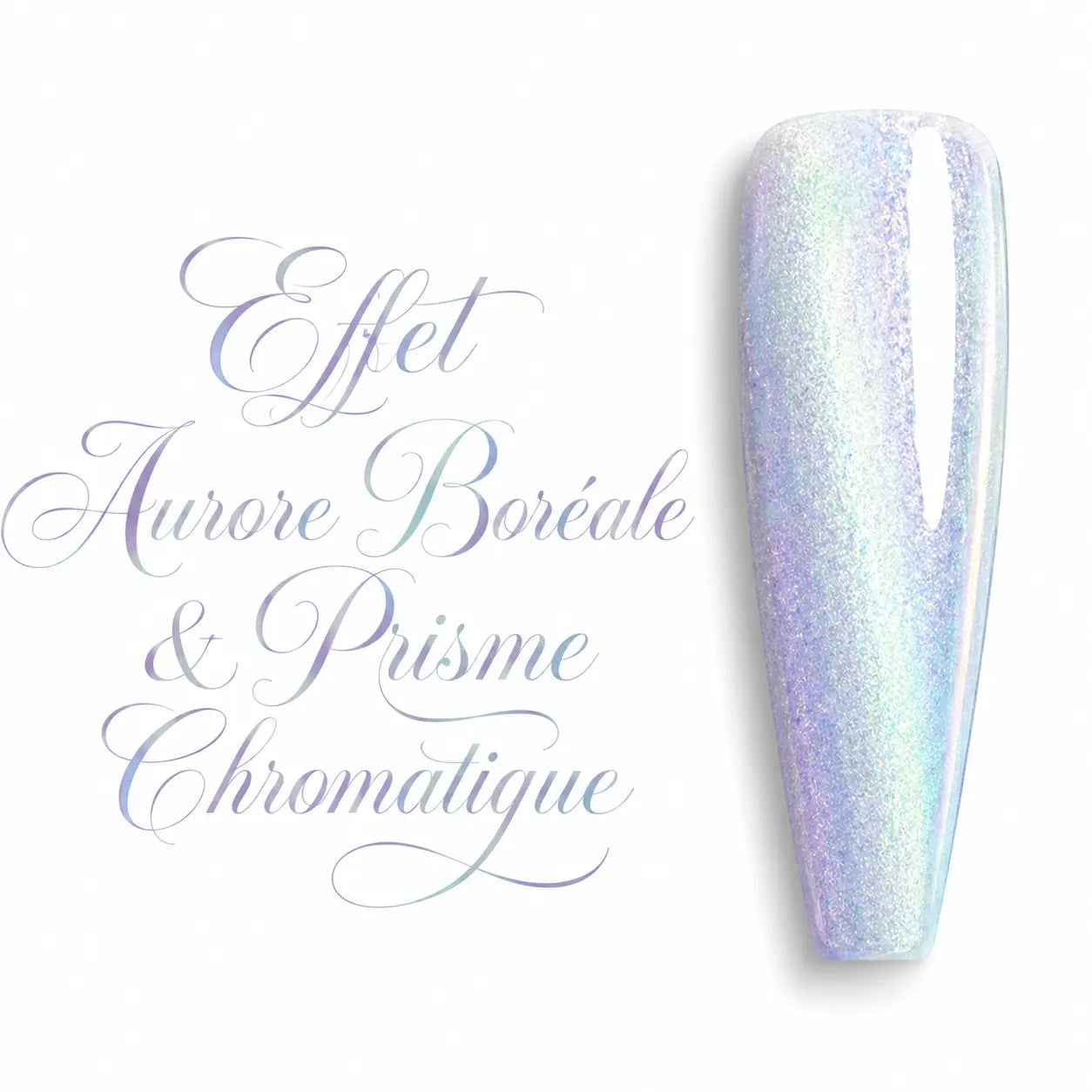 Capsule d’ongle ballerine effet Aurore Boréale et prisme chromatique, finition irisée multicolore ultra brillante pour vernis semi-permanent et gel UV professionnel.