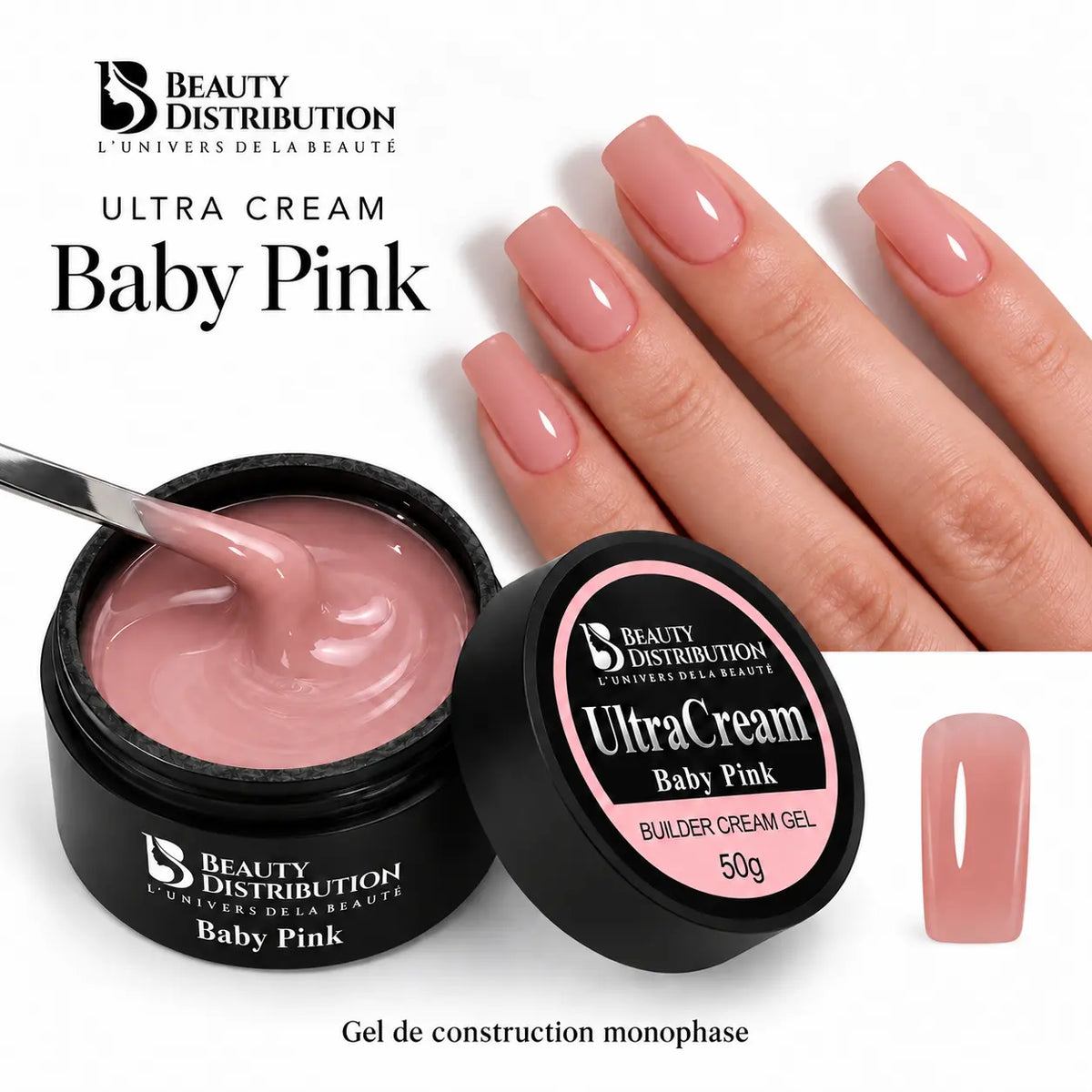 Gel de construction Ultra Cream Baby Pink Beauty Distribution : pot ouvert et manucure rose nude en soft square moyen.