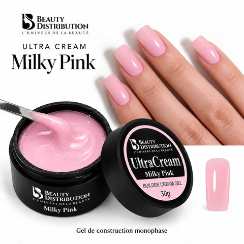 Gel de construction Ultra Cream Milky Pink Beauty Distribution : pot ouvert et manucure rose laiteux en soft square moyen.