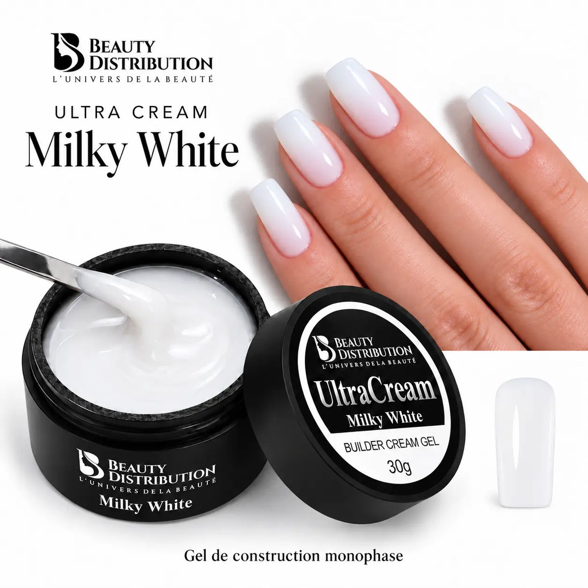 Gel de construction Ultra Cream Milky White Beauty Distribution : pot ouvert et manucure blanc laiteux en soft square moyen.