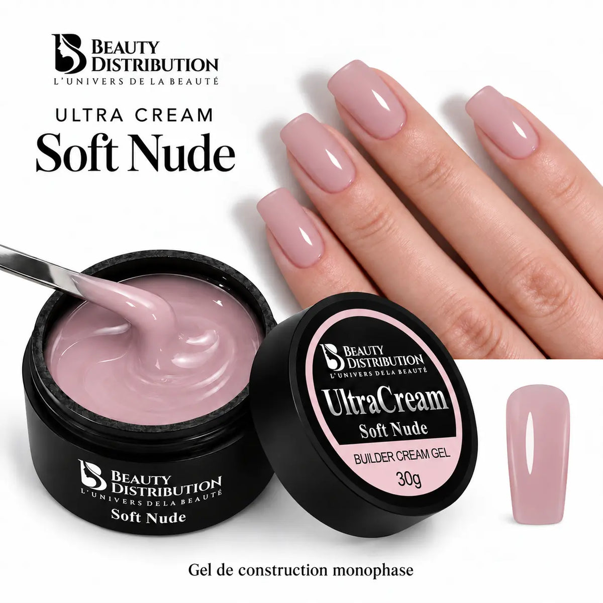 Gel de construction Ultra Cream Soft Nude Beauty Distribution : pot ouvert et manucure nude rosé en soft square moyen.