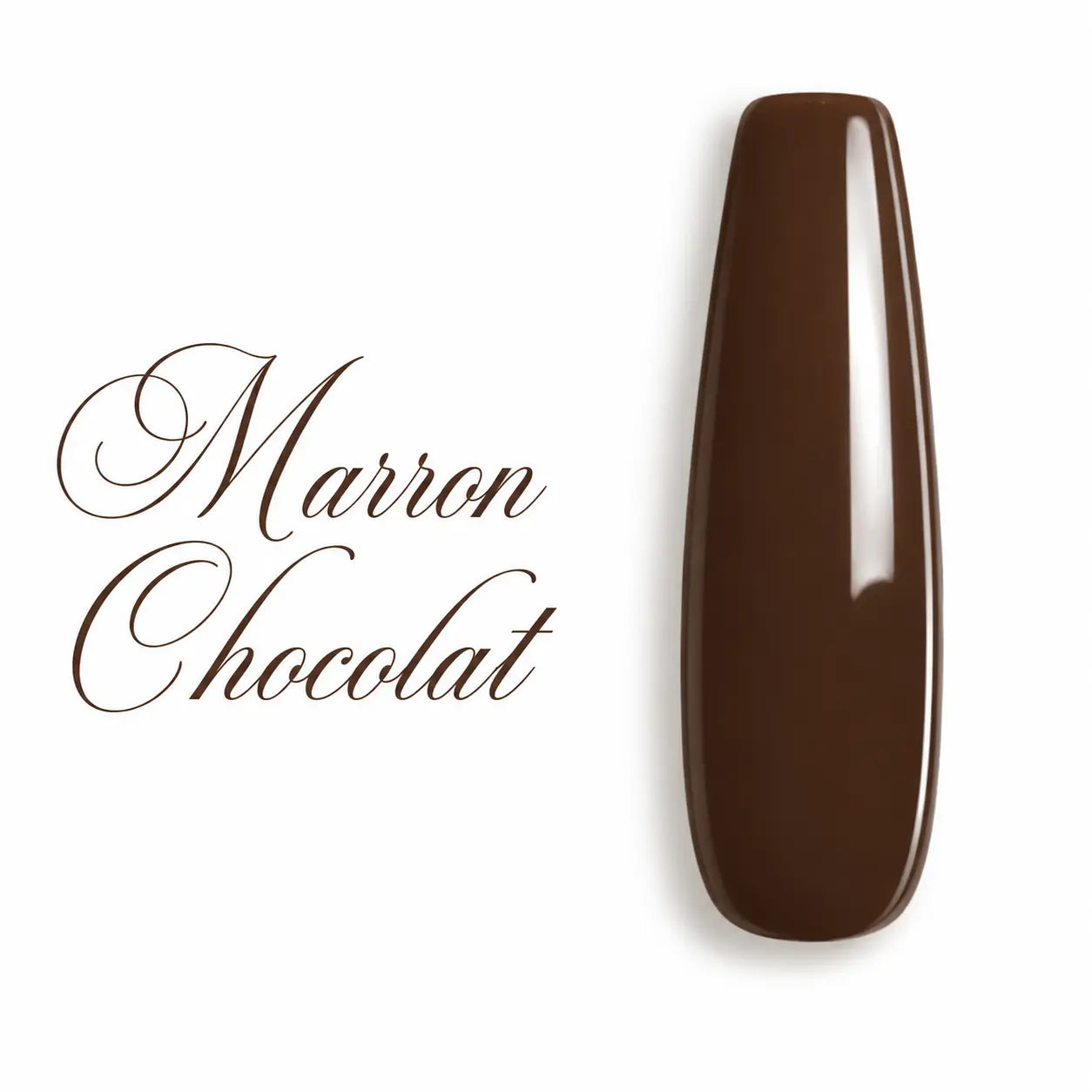 Capsule d’ongle ballerine Marron Chocolat ultra brillante, nuancier professionnel de gel UV et vernis semi-permanent sur fond blanc.