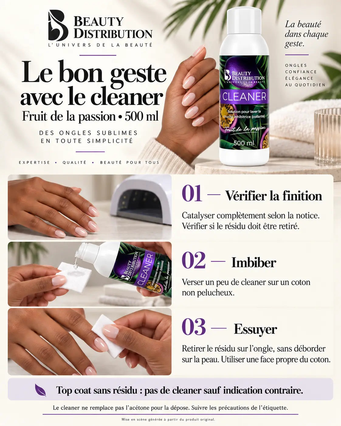 Guide illustré du cleaner Fruit de la passion 500 ml Beauty Distribution : vérifier la finition, imbiber un coton non pelucheux et essuyer le résidu après catalysation si nécessaire.