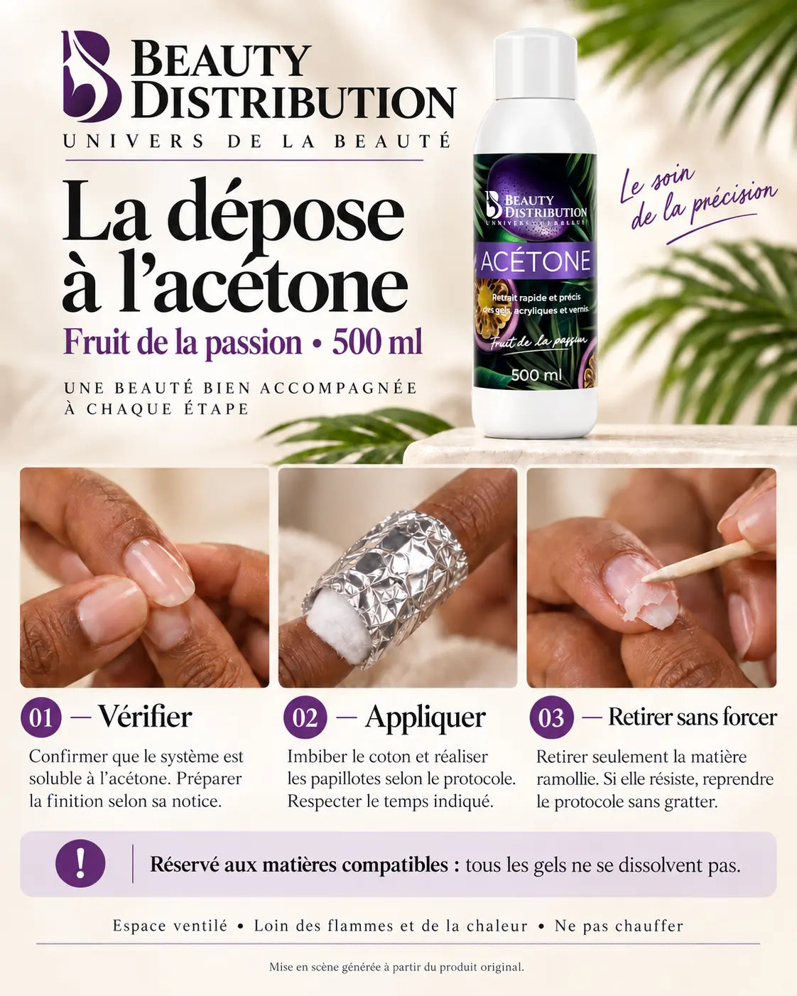 Guide illustré de dépose avec l’acétone Fruit de la passion 500 ml Beauty Distribution : vérifier la solubilité, appliquer les papillotes et retirer la matière ramollie sans forcer.