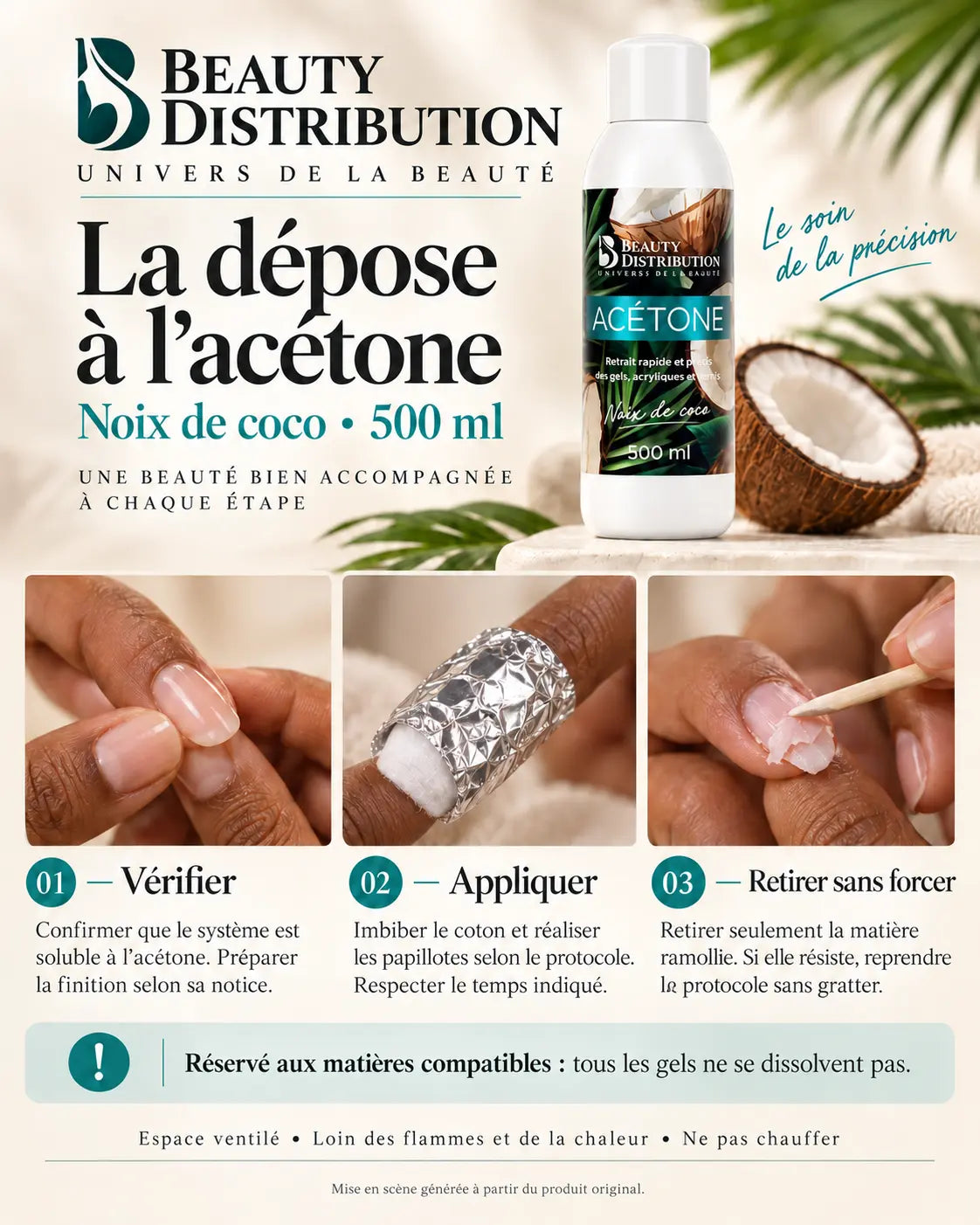 Guide illustré de dépose avec l’acétone Noix de coco 500 ml Beauty Distribution : vérifier la solubilité, appliquer les papillotes et retirer la matière ramollie sans forcer.
