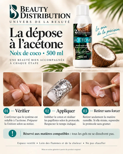 Guide illustré de dépose avec l’acétone Noix de coco 500 ml Beauty Distribution : vérifier la solubilité, appliquer les papillotes et retirer la matière ramollie sans forcer.