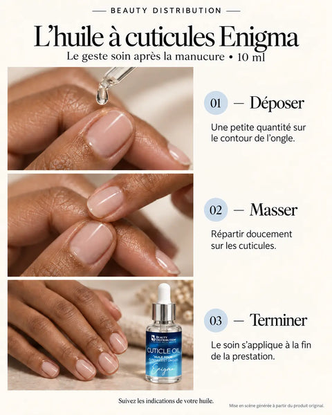 Guide illustré de l’huile à cuticules Enigma 10 ml Beauty Distribution : déposer une petite quantité, masser et terminer la manucure.