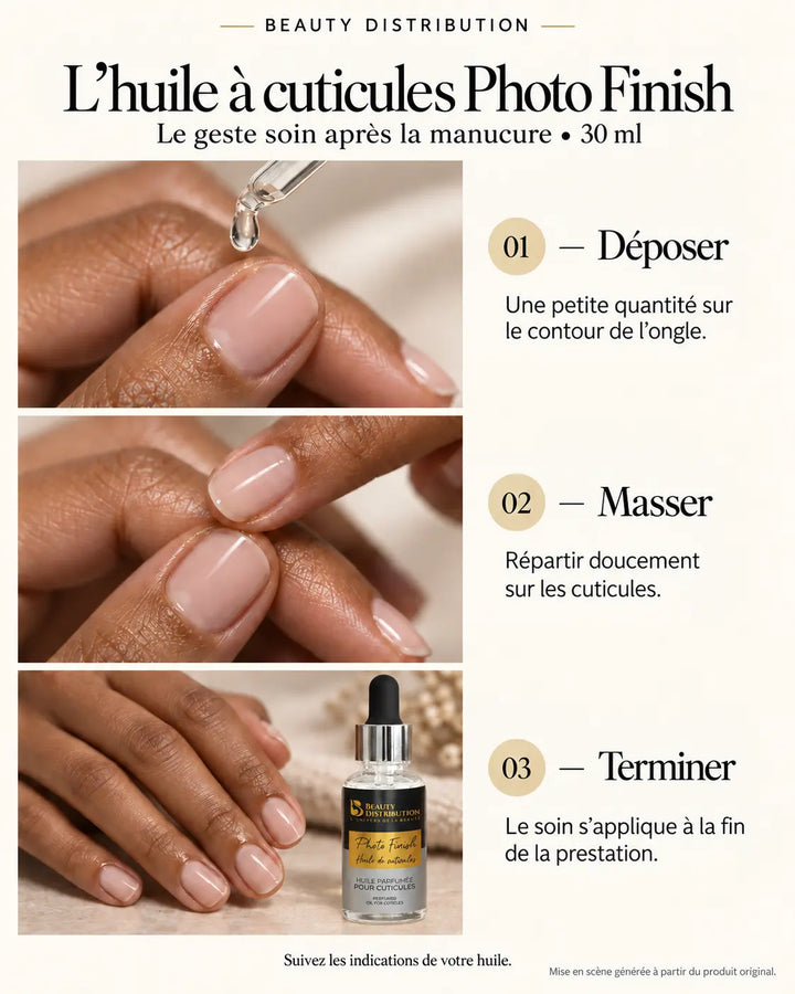 Guide illustré de l’huile à cuticules Photo Finish 30 ml Beauty Distribution : déposer une petite quantité, masser et terminer la manucure.