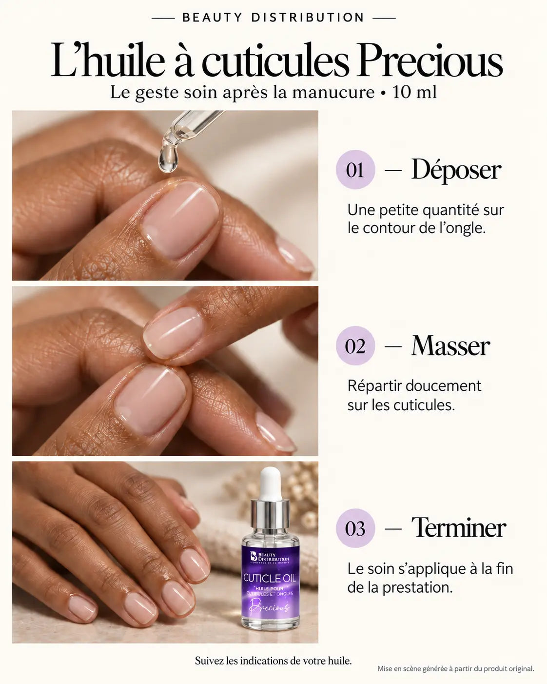 Guide illustré de l’huile à cuticules Precious 10 ml Beauty Distribution : déposer une petite quantité, masser et terminer la manucure.