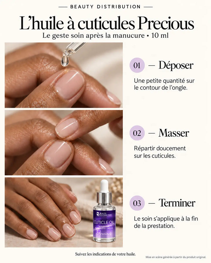 Guide illustré de l’huile à cuticules Precious 10 ml Beauty Distribution : déposer une petite quantité, masser et terminer la manucure.