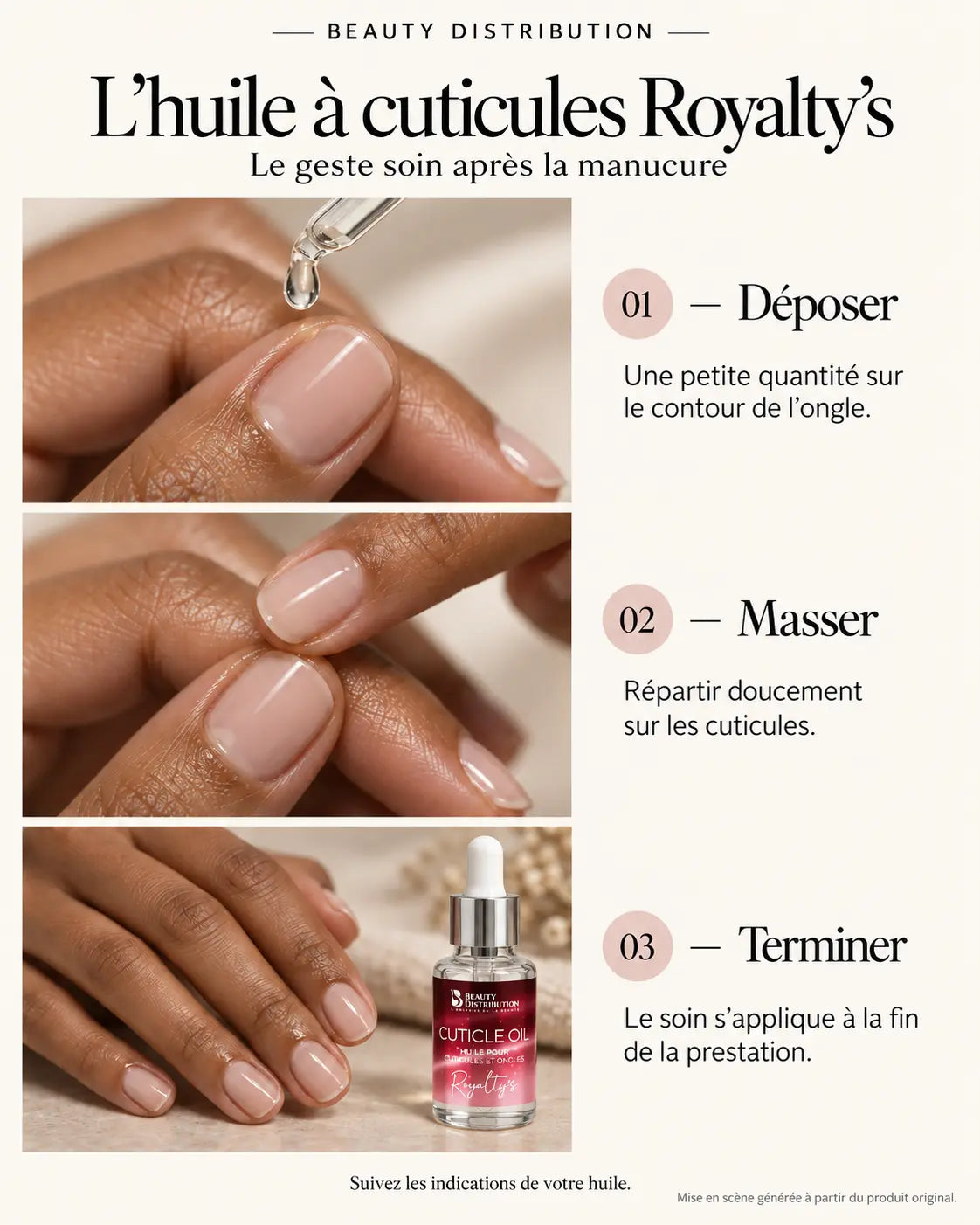 Guide illustré de l’huile à cuticules Royalty’s 10 ml Beauty Distribution : déposer une petite quantité, masser et terminer la manucure.