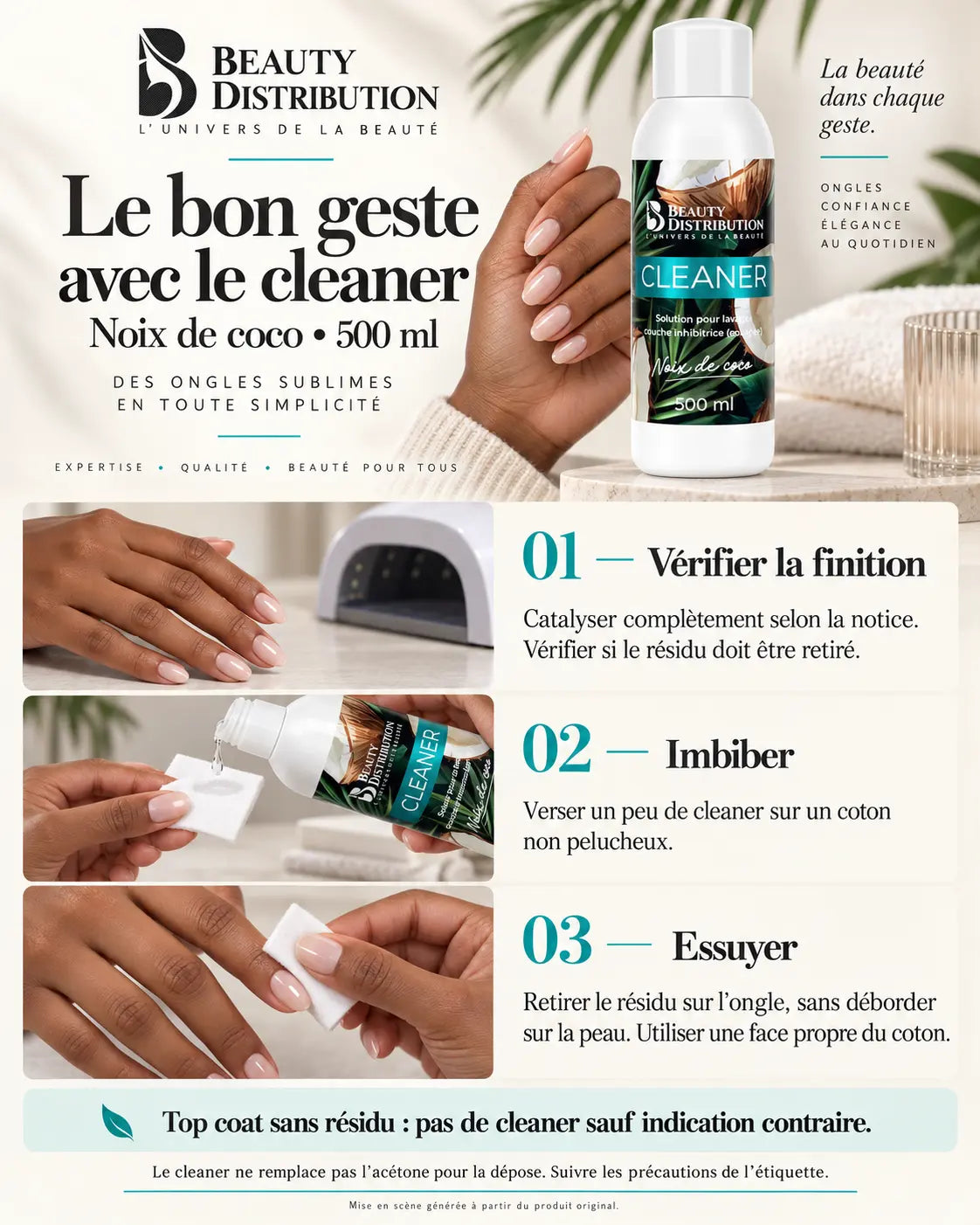 Guide illustré du cleaner Noix de coco 500 ml Beauty Distribution : vérifier la finition, imbiber un coton non pelucheux et retirer le résidu après catalysation si nécessaire.