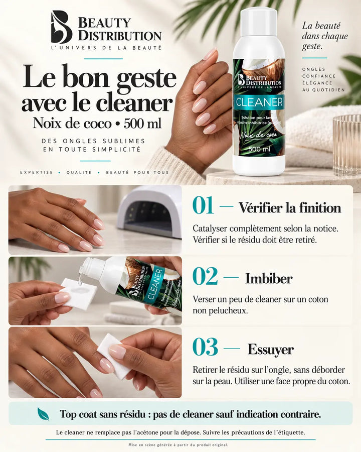 Guide illustré du cleaner Noix de coco 500 ml Beauty Distribution : vérifier la finition, imbiber un coton non pelucheux et retirer le résidu après catalysation si nécessaire.