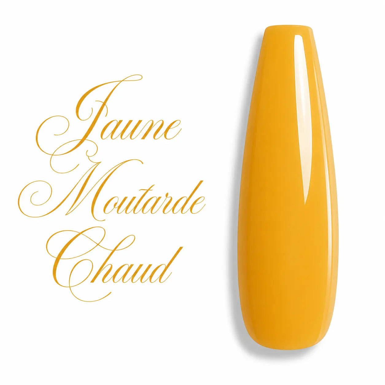 Vernis semi-permanent jaune moutarde chaud présenté sur une capsule d’ongle ballerine longue à finition ultra brillante. Cette teinte jaune moutarde intense, chaleureuse et lumineuse offre un rendu crémeux glossy idéal pour les poses d’ongles professionnelles, le nail art, les manucures automne-hiver et les créations élégantes en salon. Gel UV LED longue tenue, fortement pigmenté, adapté aux prothésistes ongulaires et aux passionnées de manucure. Beauté Distribution.