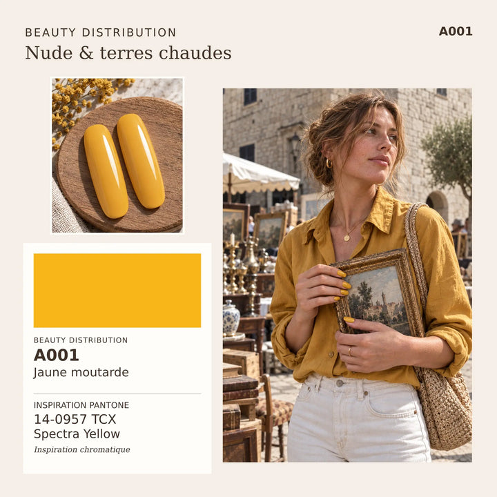 A001 Jaune moutarde, vernis semi-permanent 10 ml du kit Nude & terres chaudes Beauty Distribution : couleur et inspiration manucure.