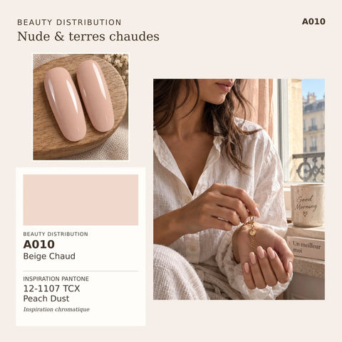A010 Beige Chaud, vernis semi-permanent 10 ml du kit Nude & terres chaudes Beauty Distribution : couleur et inspiration manucure.