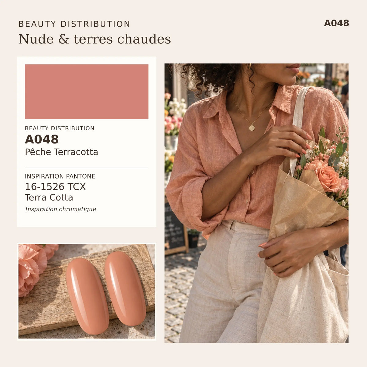 A048 Pêche Terracotta, vernis semi-permanent 10 ml du kit Nude & terres chaudes Beauty Distribution : couleur et inspiration manucure.