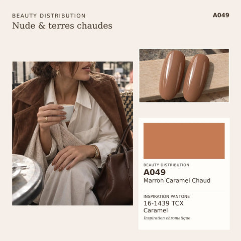 A049 Marron Caramel Chaud, vernis semi-permanent 10 ml du kit Nude & terres chaudes Beauty Distribution : couleur et inspiration manucure.