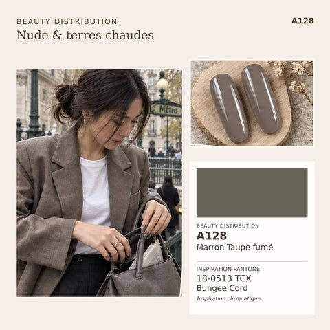 A128 Marron Taupe fumé, vernis semi-permanent 10 ml du kit Nude & terres chaudes Beauty Distribution : couleur et inspiration manucure.