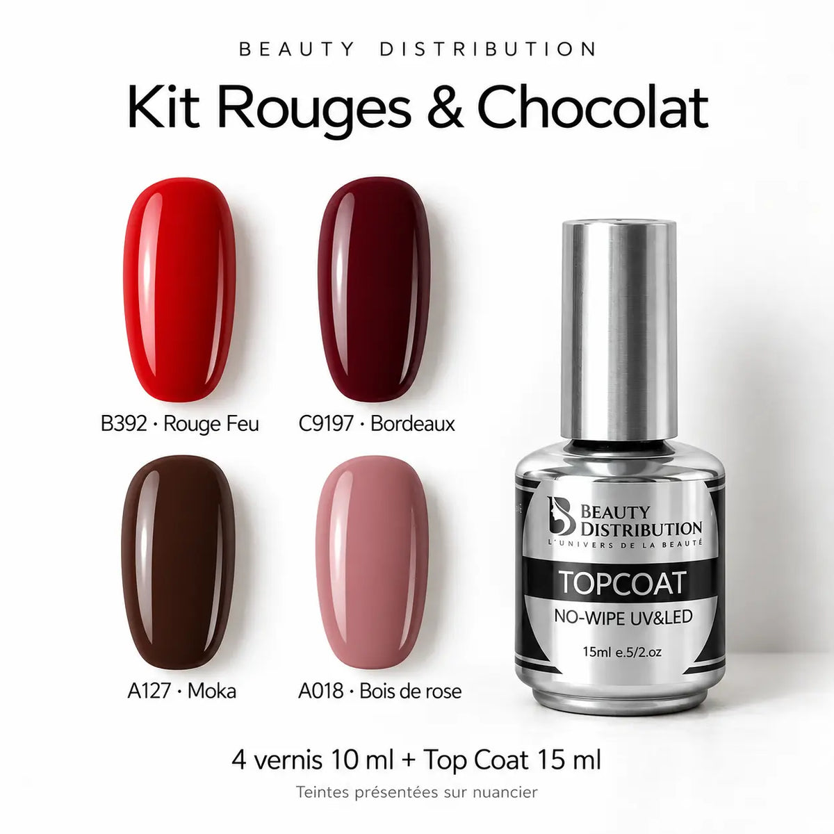 Kit Rouges et Chocolat : B392 Rouge Feu, C9197 Bordeaux, A127 Moka et A018 Bois de rose avec Top Coat 15 ml.