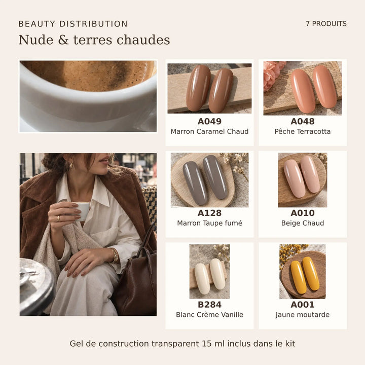 Kit Nude & terres chaudes Beauty Distribution : six vernis semi-permanents et gel de construction transparent 15 ml inclus.