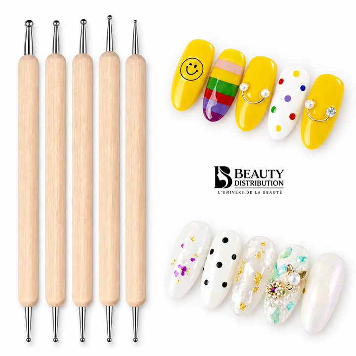 Lot de 5 dotting tools à manche en bois et doubles embouts métalliques pour nail art – Beauty Distribution