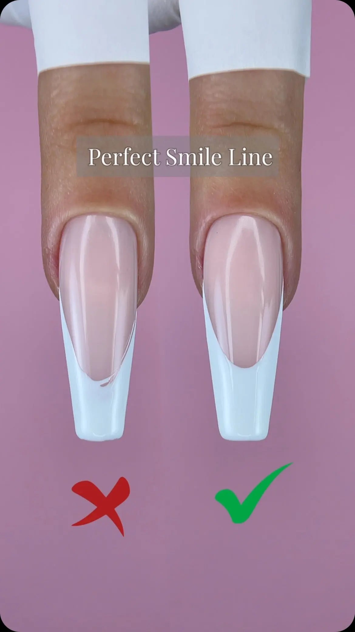 French blanche A023 sur base nude : comparaison de deux tracés de smile line, tutoriel Nail Champion pour Beauty Distribution. La base nude est un produit distinct.