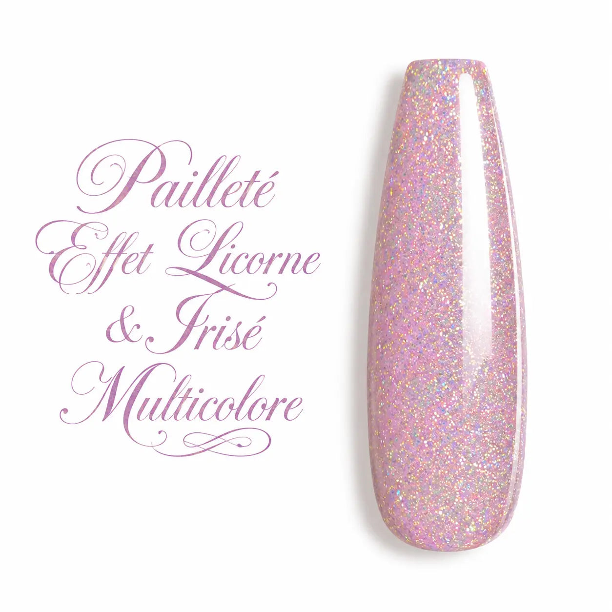 Capsule d’ongle ballerine longue en gel UV pailleté effet licorne, rose lilas irisé multicolore et holographique, finition ultra brillante sur fond blanc.
