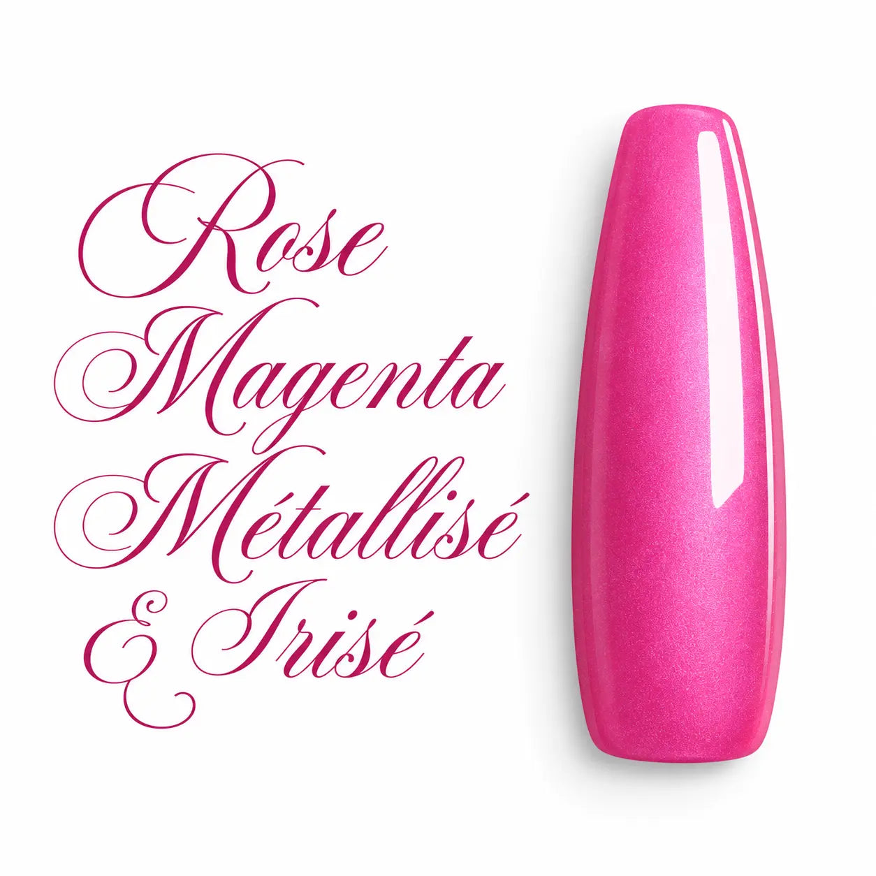 Capsule d’ongle ballerine rose magenta métallisé et irisé, finition brillante effet nacré, nuancier professionnel pour vernis semi-permanent et gel UV.