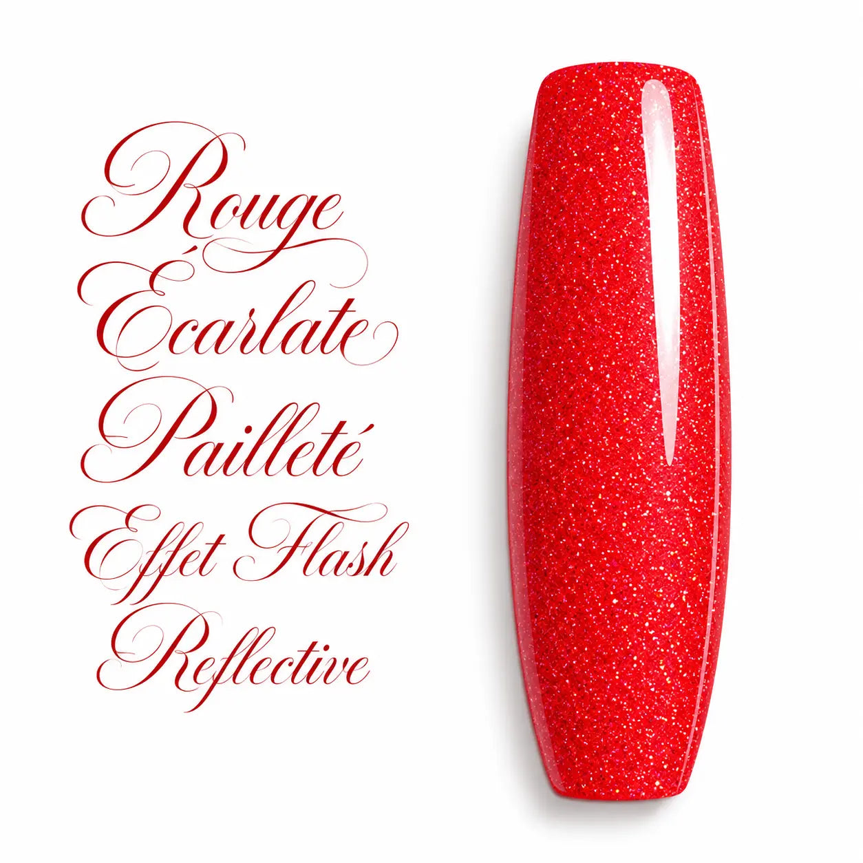 Capsule d’ongle ballerine rouge écarlate pailleté effet flash reflective, finition ultra brillante pour gel UV et vernis semi-permanent.