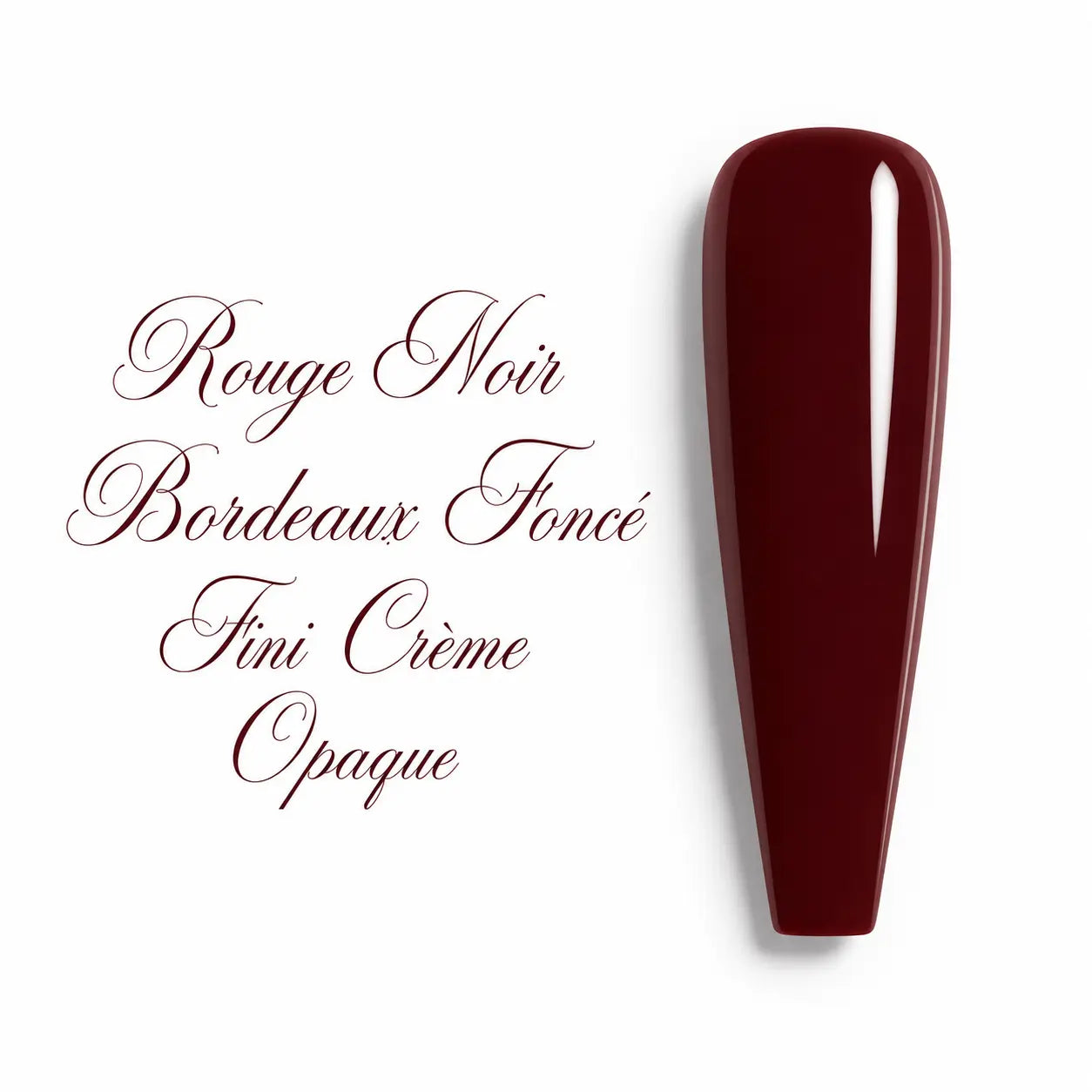 Capsule d’ongle ballerine en vernis gel rouge noir bordeaux foncé, fini crème opaque ultra brillant, visuel professionnel sur fond blanc.