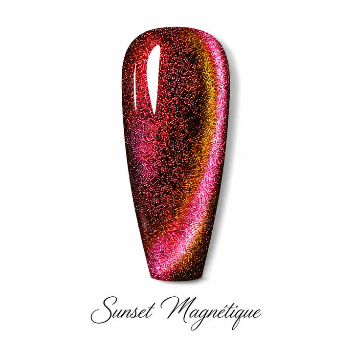Sunset Magnétique Beauty Distribution, teinte rose cuivré pailletée à effet magnétique cat eye, finition brillante pour vernis gel semi-permanent UV/LED et manucure professionnell