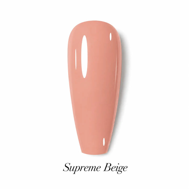 Supreme Beige Beauty Distribution, teinte beige rosé nude effet gel glossy, packshot luxe sur fond blanc pour vernis gel semi-permanent UV/LED et manucure professionnelle.